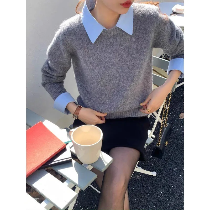 2024 جديد المرقعة قميص طوق متماسكة سترة الخريف والشتاء قاع قميص مزاجه وهمية قطعتين البلوز العلوي