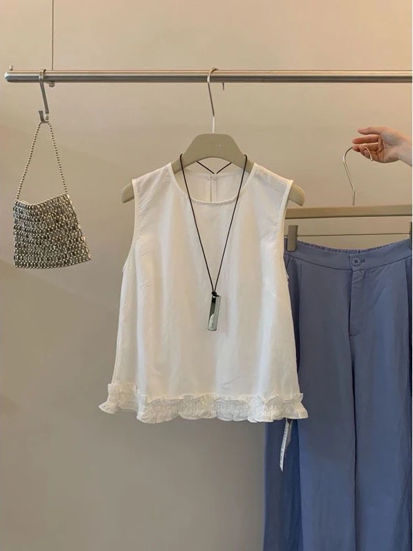 여름 신상 여성용 면 셔츠 민소매 나무 가장자리 헴 소형 사이즈 패셔너블 젊고 트렌디한 소형 탑