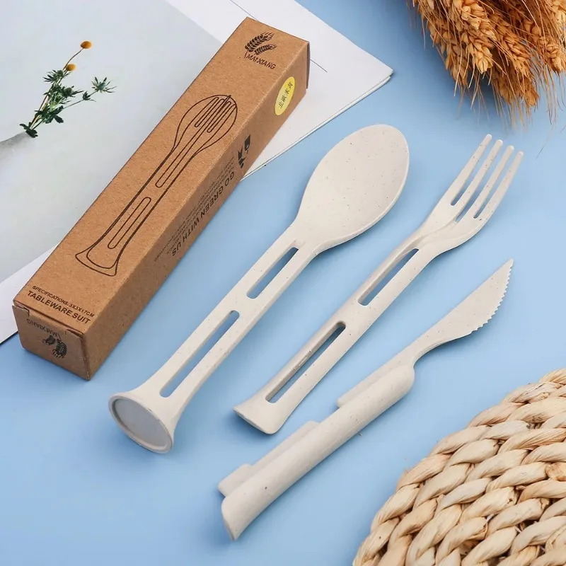 Wheat straw Nordic wind knife fork spoon 3-in-1 portable tableware set Creative student gift tableware