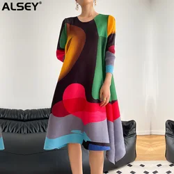 ALSEY Miyake Pleated Printed Skirt Spring Autumn New Temperament Plus Size Large Swing High Waist Casual Dresses for Women