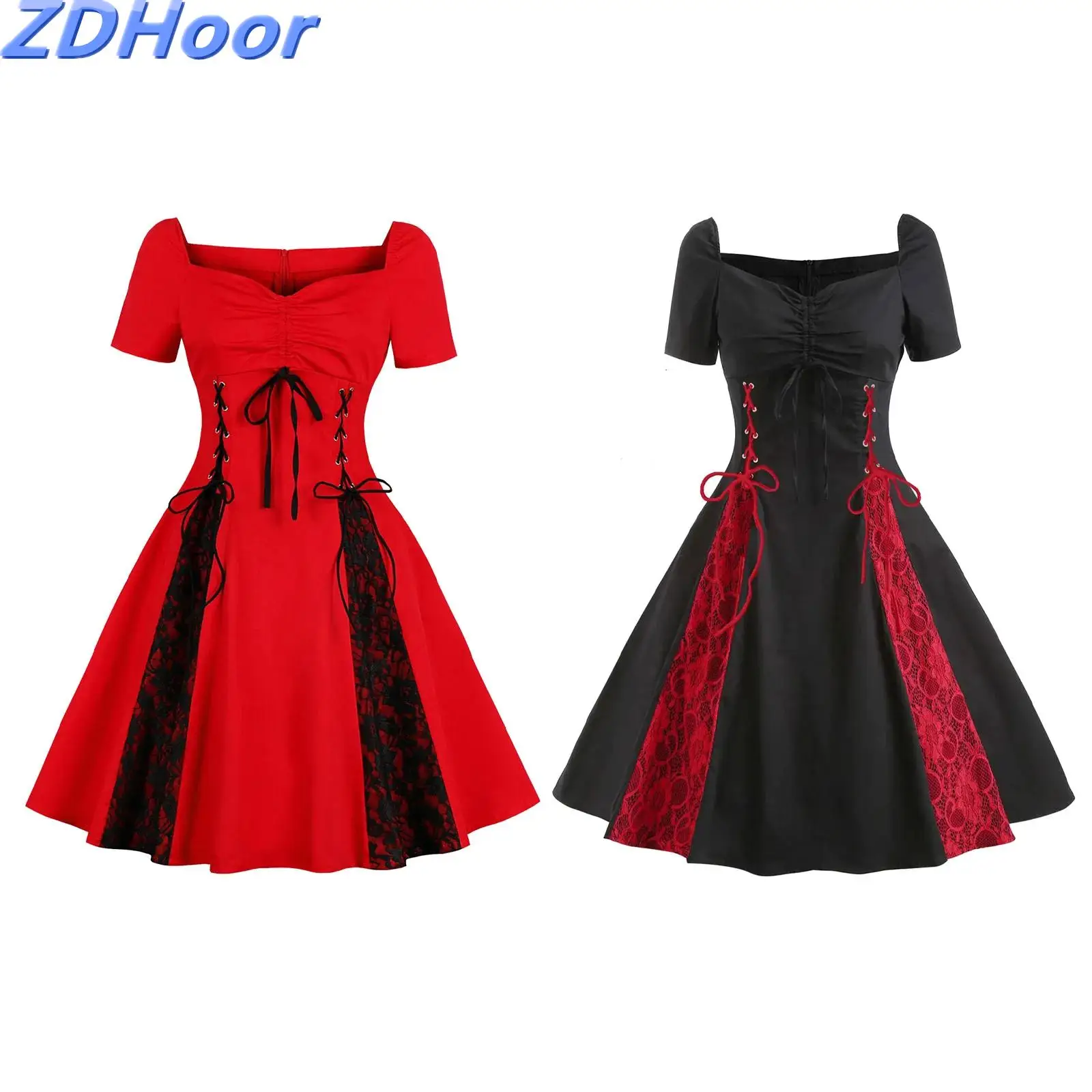 

Womens Gothic Vintage A-line Dress Front Drawstring Side Lace-up Floral Lace Patchwork Short Sleeve Swing Dress for Party