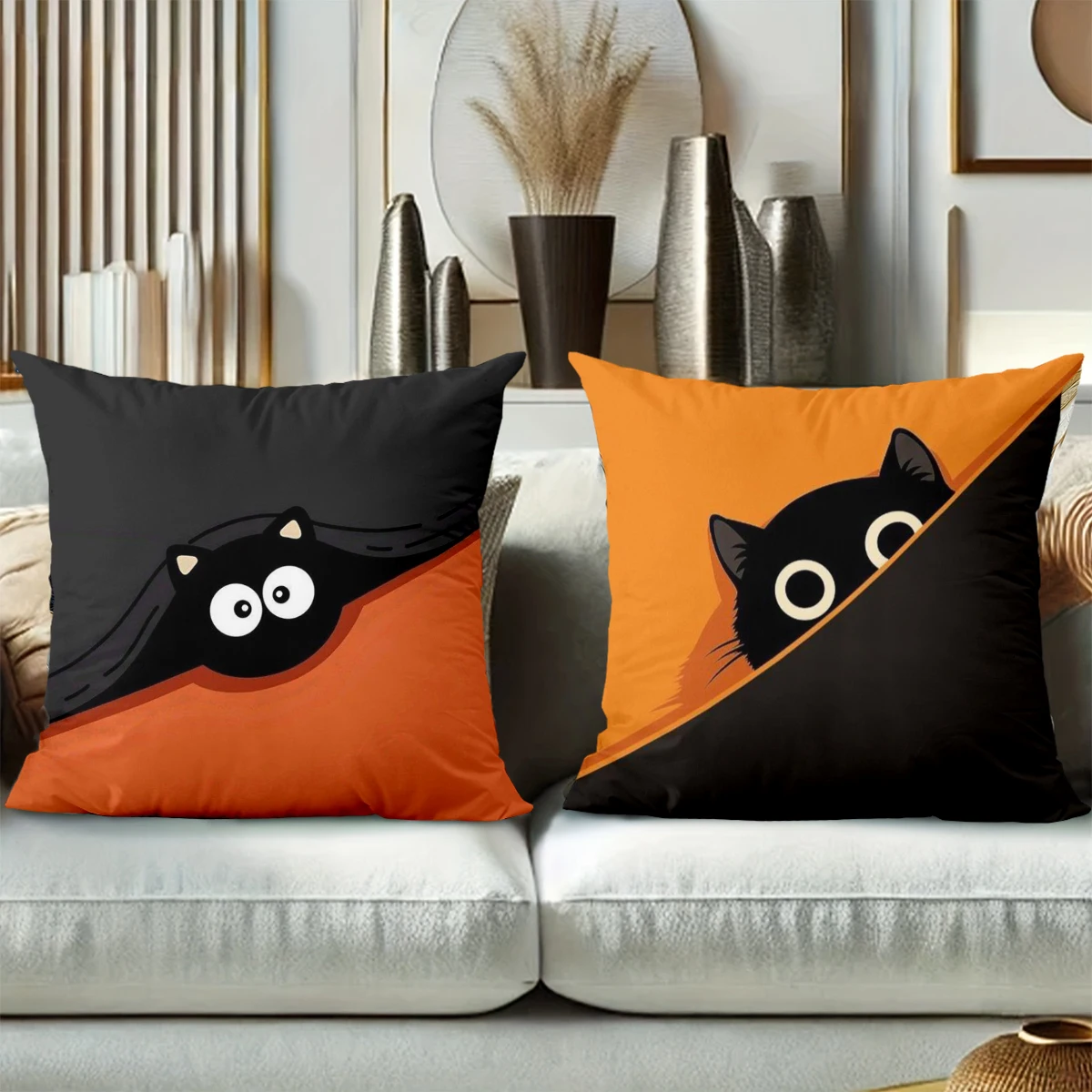 Cute Black Cat Pattern Orange And Black Throw Pillows Polyester pillowcase, sofa decorative cushion cov Headboard Pillow - view 3
