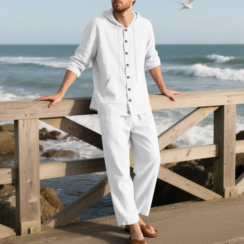 

autumn men's suit American loose linen hooded long-sleeved shirt trousers casual suit