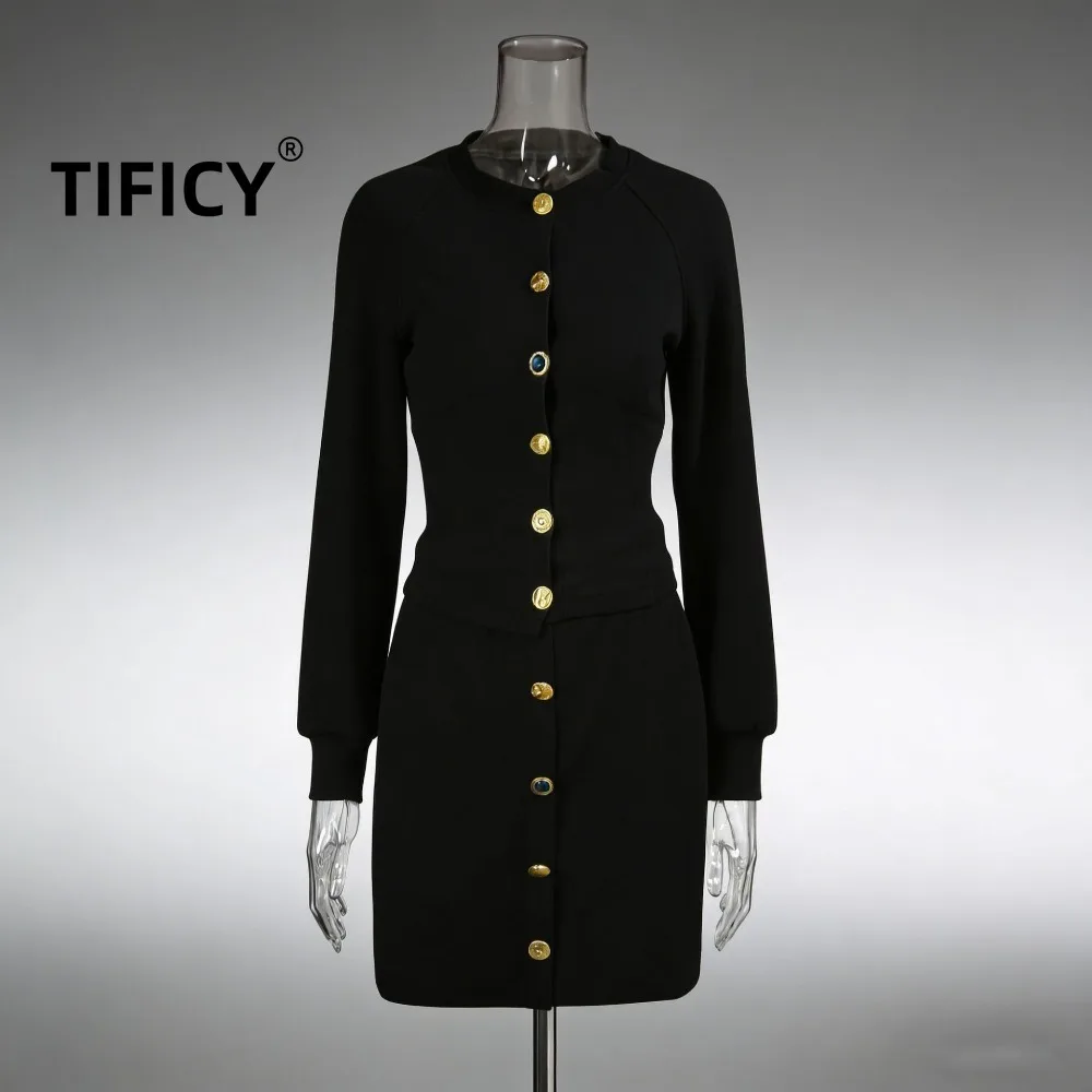 

High Street Two Piece Set Women's Vintage Two-piece New Metal Irregular Button Round Neck Top+high Waisted A-line Skirt Set