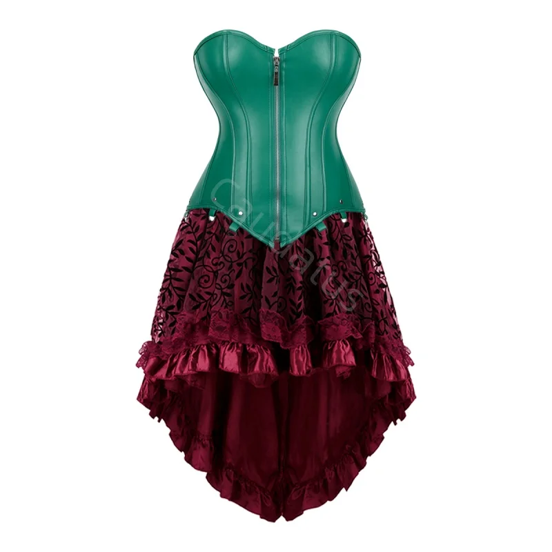 

Черное кожаное платье-корсет с юбкой, комплект в стиле бурлеск, для Хэллоуина, винтажное женское белье, пиратский стиль, зеленый цвет, большие размеры
