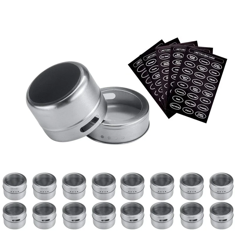 

Magnetic Spice Jar Set With Stickers Stainless Steel Spice Tins Spice Storage Container Pepper Seasoning Sprays Tools