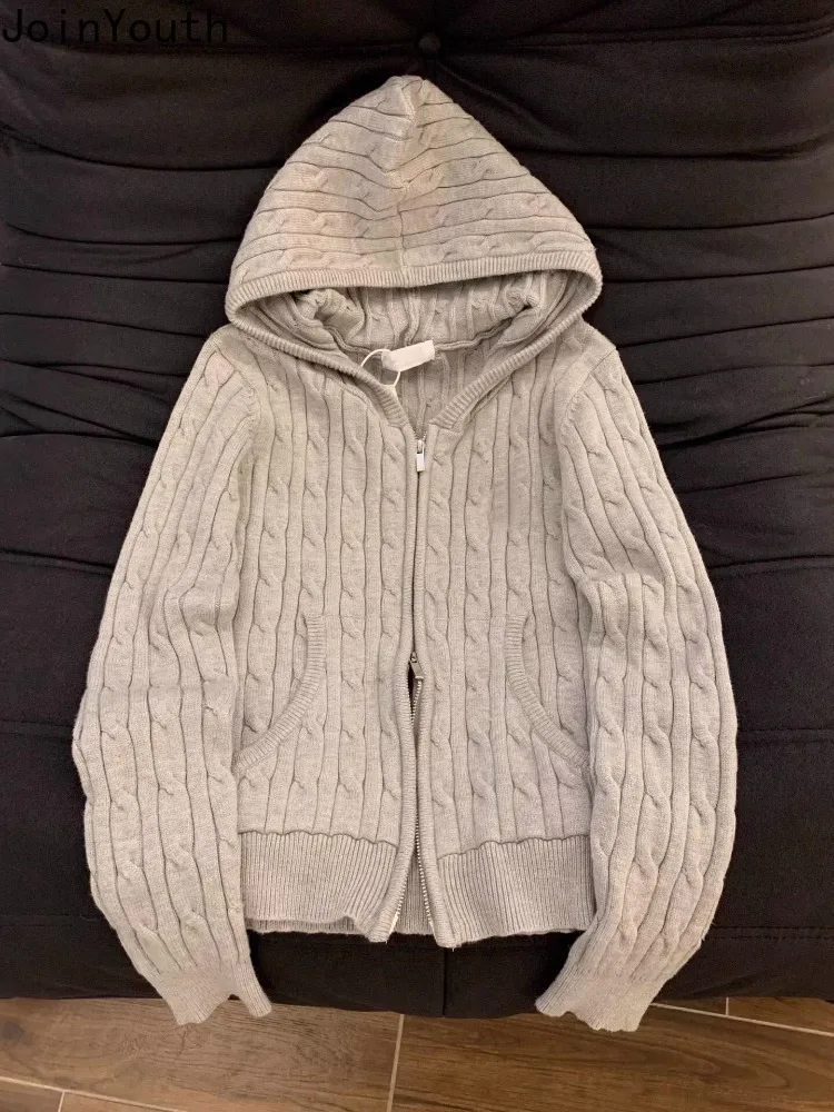 

Knitting Cardigan Jackets for Women Sueter Mujer Casual Fashion Hooded Gray Knit Ribbed Sweater Tops Pull Femme Winter Clothing