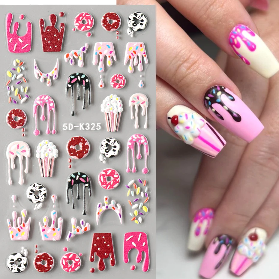 Autocollants pour ongles, crème glacée au chocolat, beignet, pop-corn 3D, Dessert sucré, Dessert d'été, décalcomanies pour manucure, décoration Nail Art, 2 pièces