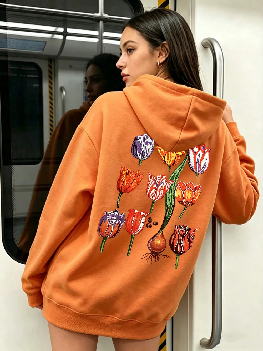 Eternal Augustus Tulip Printing Hoodie Damen Winter Fleece Warme Pullover Sportlicher lockerer Sweatshirt Street Pocket Damenbekleidung