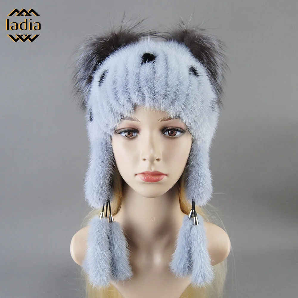 

Winter Cap Women Warm Luxury Natural Mink Fur Hat With Ear Flaps For Girls Tail Earflap Bomber Loverboy Knitted Anime Cat Beanie