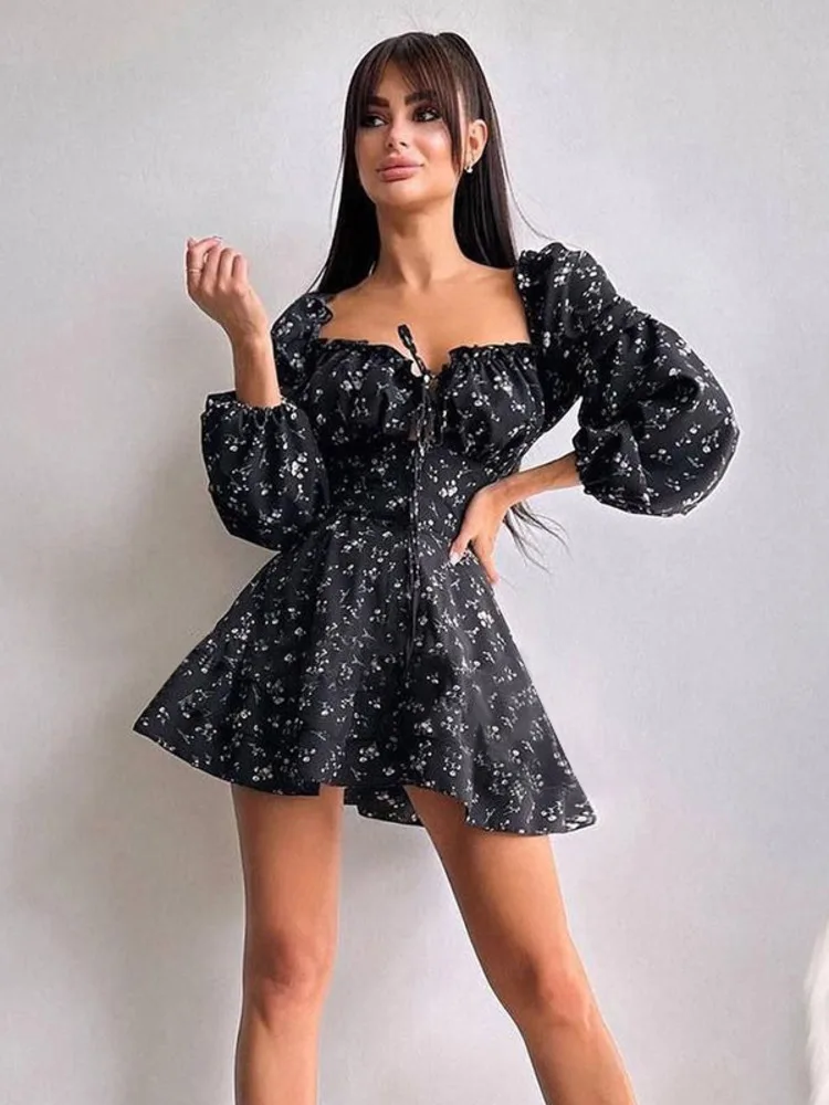 Mozision Long Puff Sleeve Floral Dress Wmen Autumn Winter Square Collar Backless Dress Female Fashion Elegant Dresses New