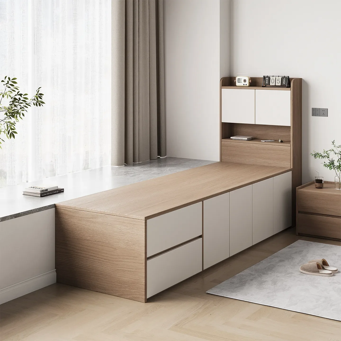 Solid wood bay window splicing bed remodeled storage bedside half bay window half bed bedroom children's bed with drawers