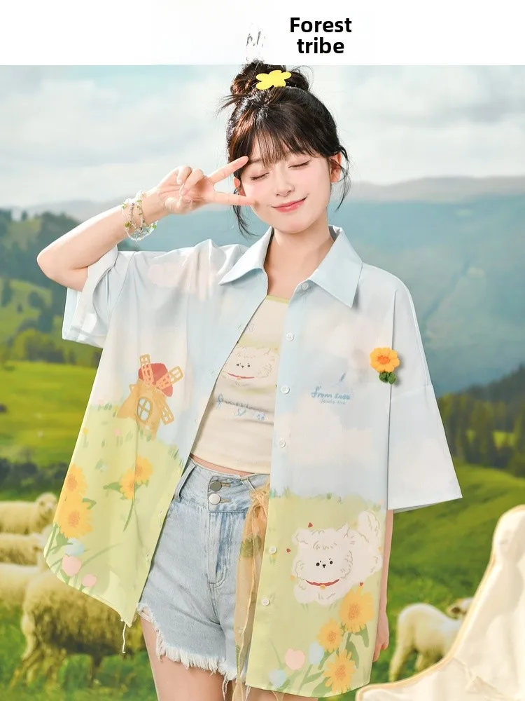 

Summer irt Women's Floral Print Vaion Sle ort Sve Outerwear Top Loose Fit Button Design Polyester Fiber