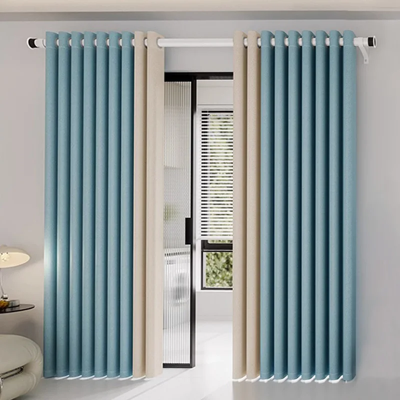 Light Luxury Simple Blue Color-blocking Curtain for Living Room and Bedroom Full Blackout No Punching Decor Custom Thicken Cloth