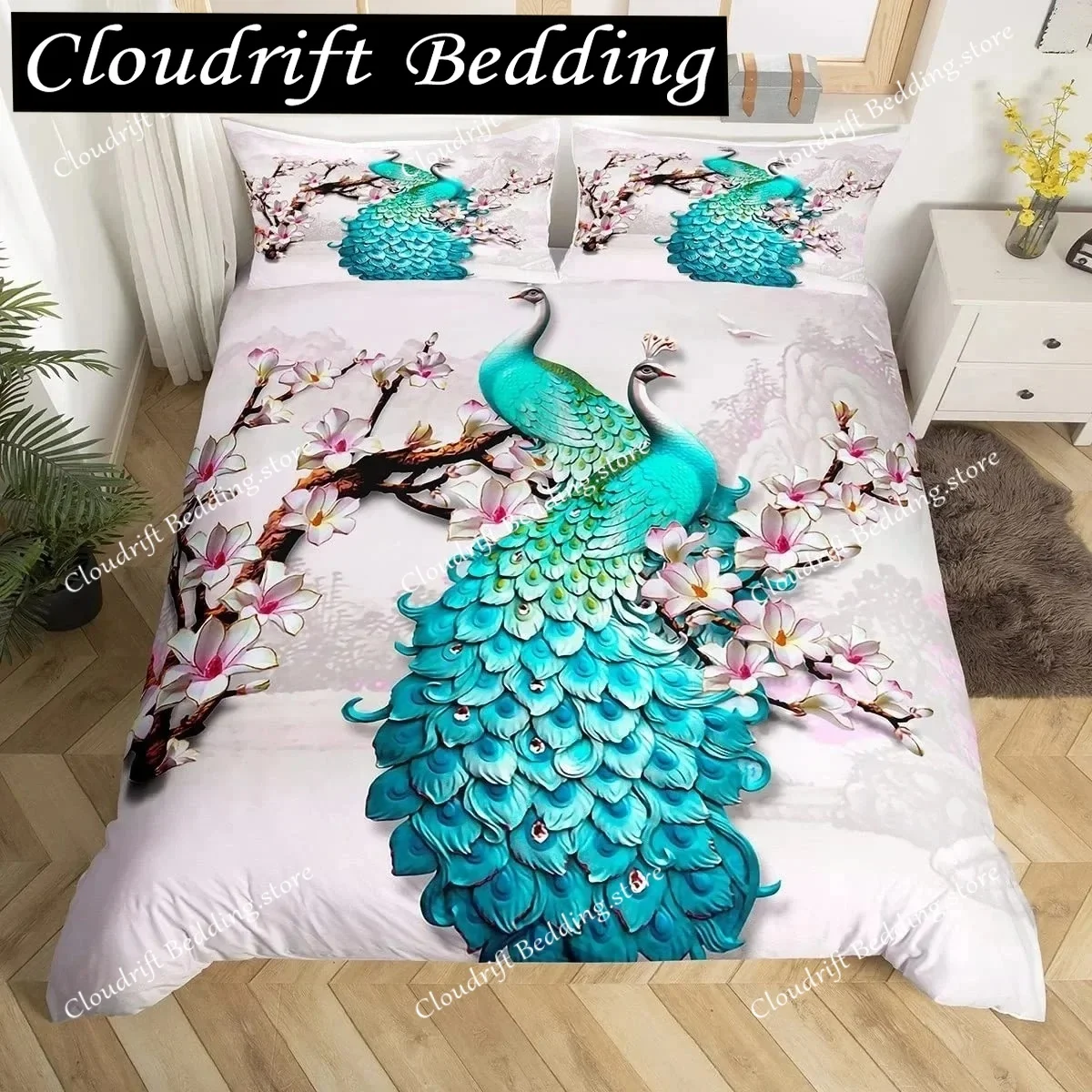 Peacock Duvet Cover King Queen Size Hummingbird Dragonfly Bedding Set Flowers Birds Quilt Cover Floral Animals Comforter Cover