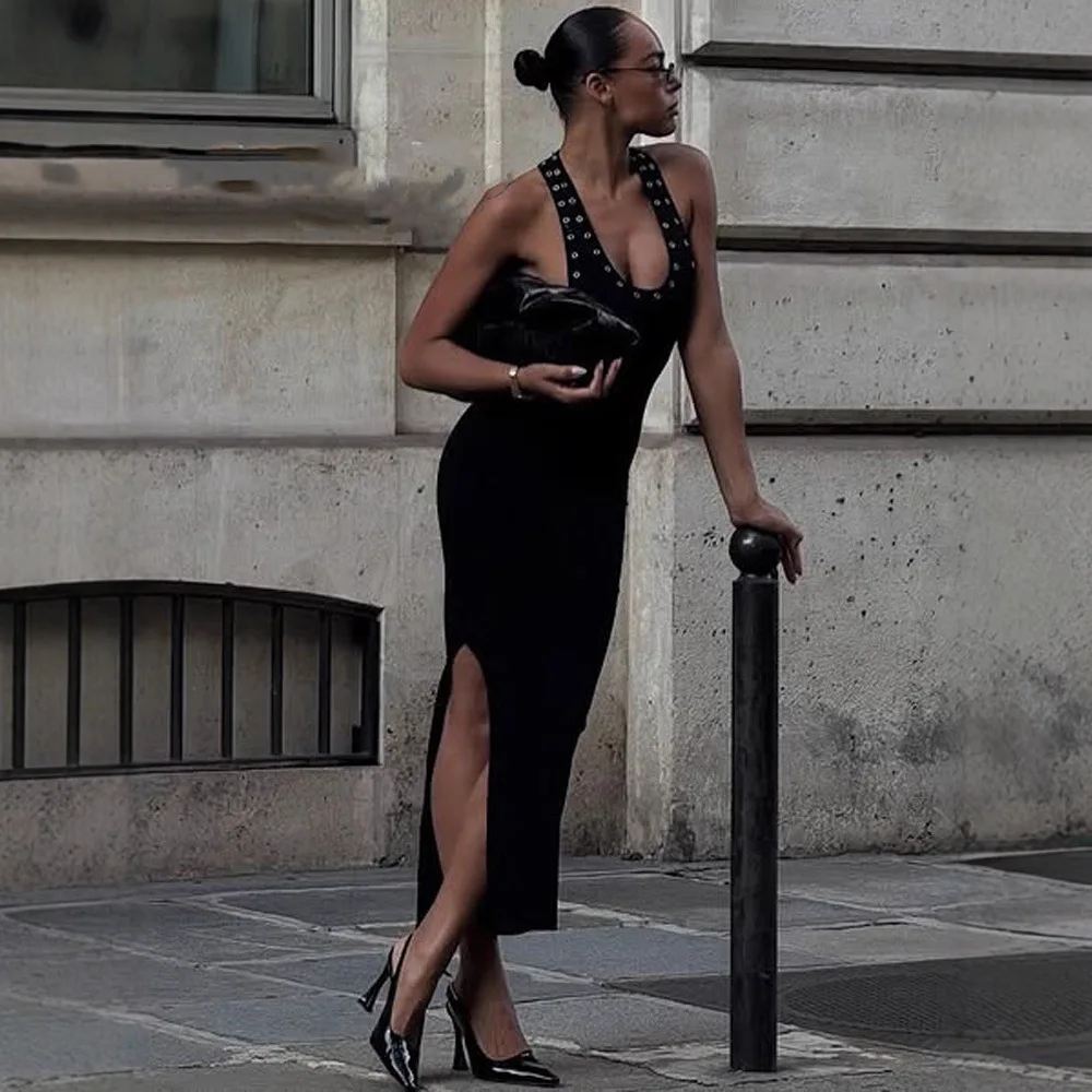 DSMTRC Weibliche Ärmelloses Kleid Mode Mantel Trendy Split Sexy Club Party Bodycon Vestidos Halter Solide Backless Frauen Kleider