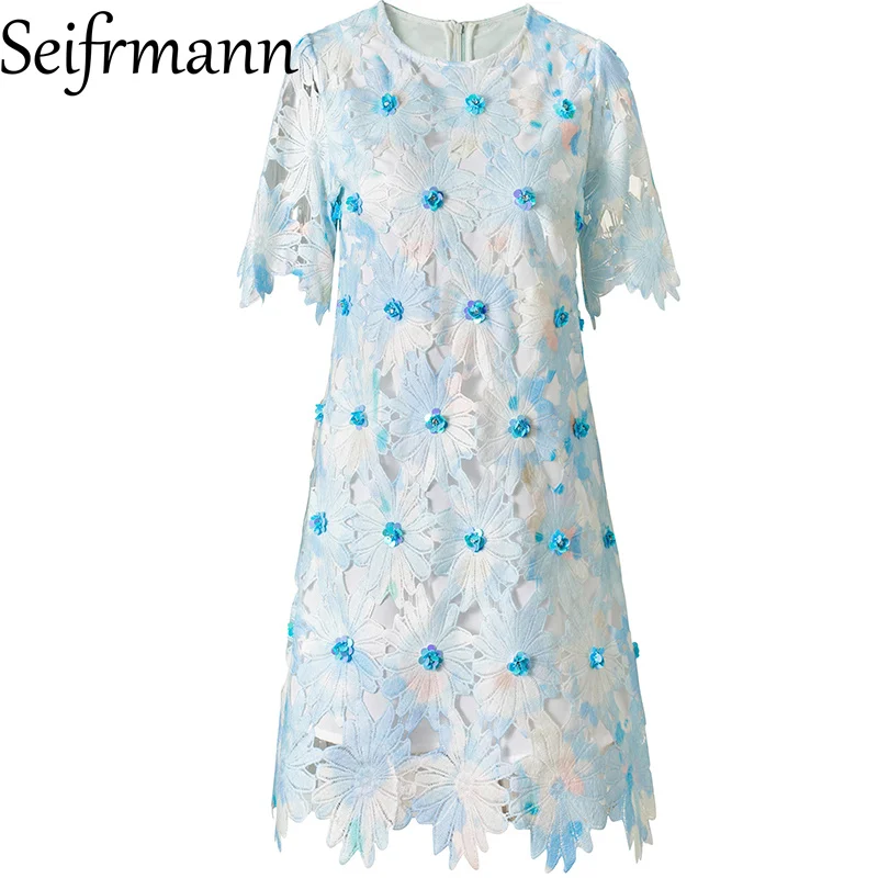 Seifrmann 2026 Summer Women's New Fashionable Round Neck Short Sleeve Nail Bead Water soluble Lace Dress
