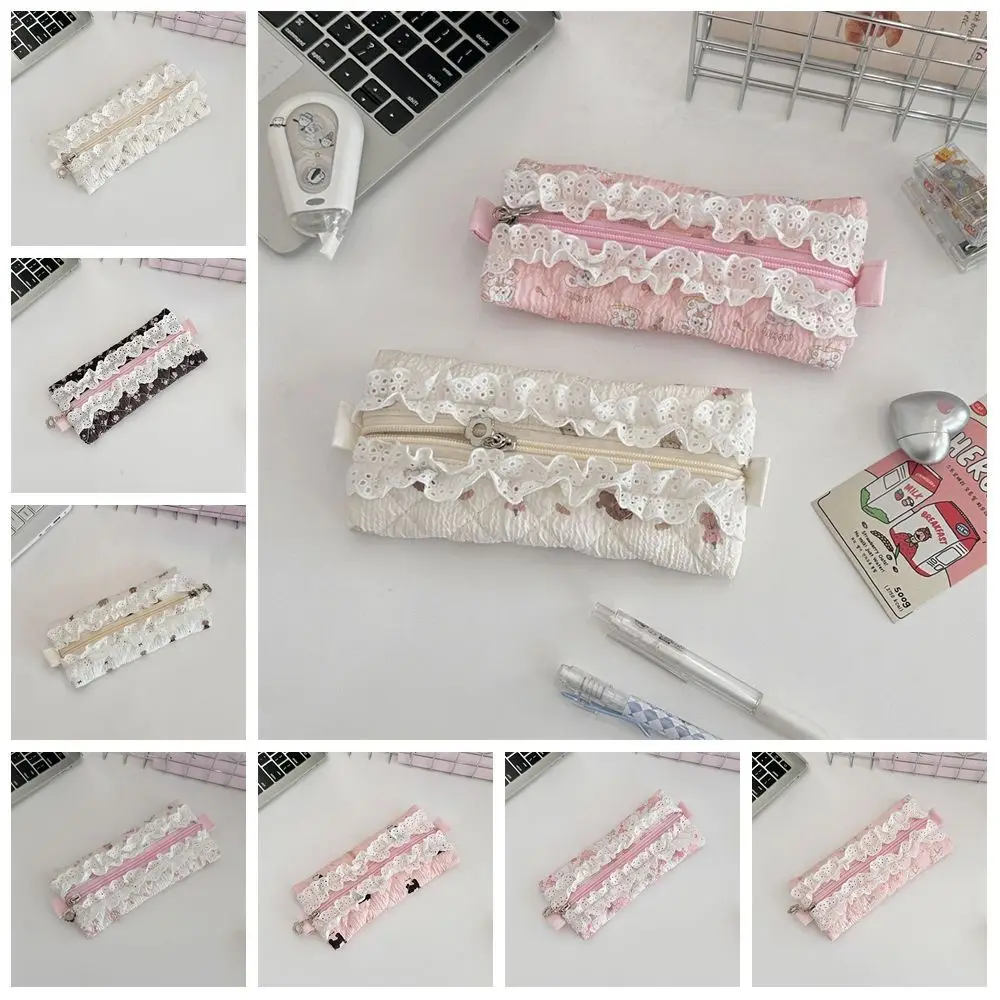 Fresh Lace Pencil Pouch Cosmetic Bag Makeup Bag Flower Pattern Pen Case Cartoon Large Capacity Stationery Storage Bag