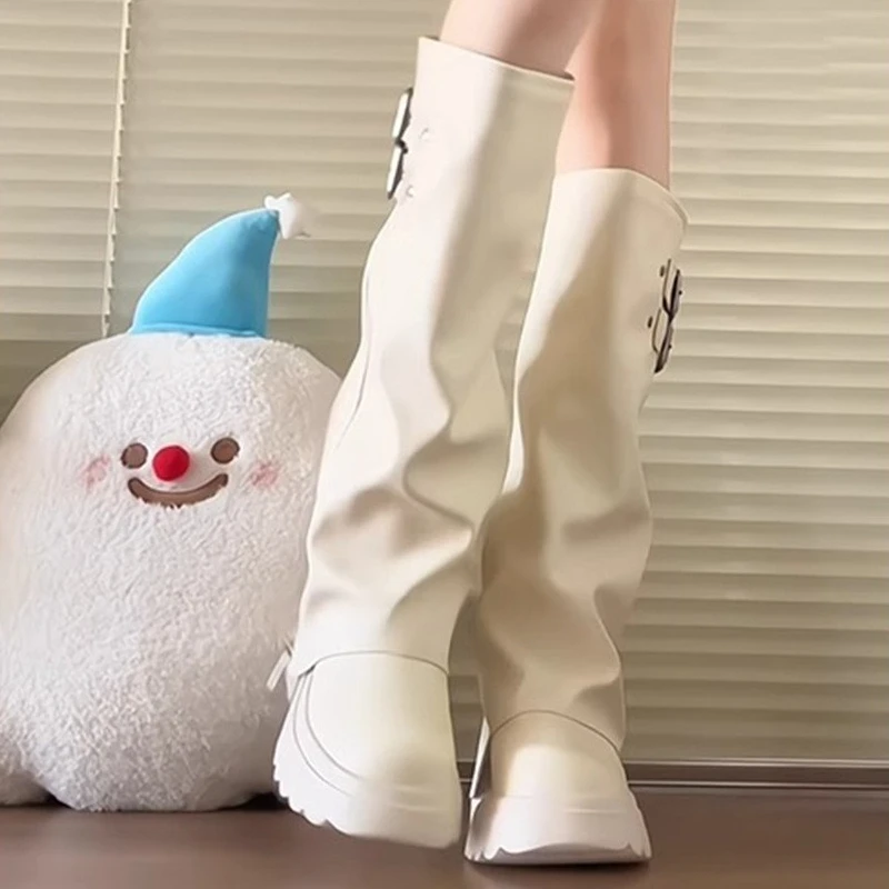 Punk Style Splicing Thick Bottom Women Knee-High Boots Fashion Zipper Female Pleated Knight Long Booties Shoes - view 4