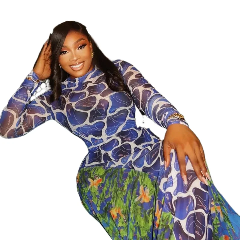 

Sexy Mesh Sheer Long Sleeve Maxi Dresses Women Spring Autumn Stretchy Print Patchwork A-line Club Party Birthday Dress
