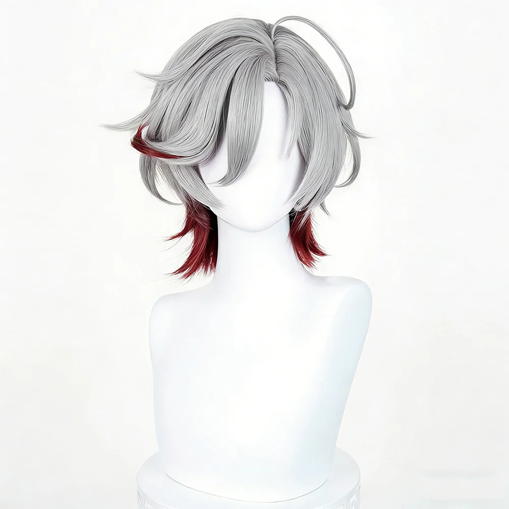 Game Genshin Impact Illuga Cosplay Wig Men Silver Grey Red Mixed Short Hair Heat Resistant Synthetic Wig Halloween Carnival Prop