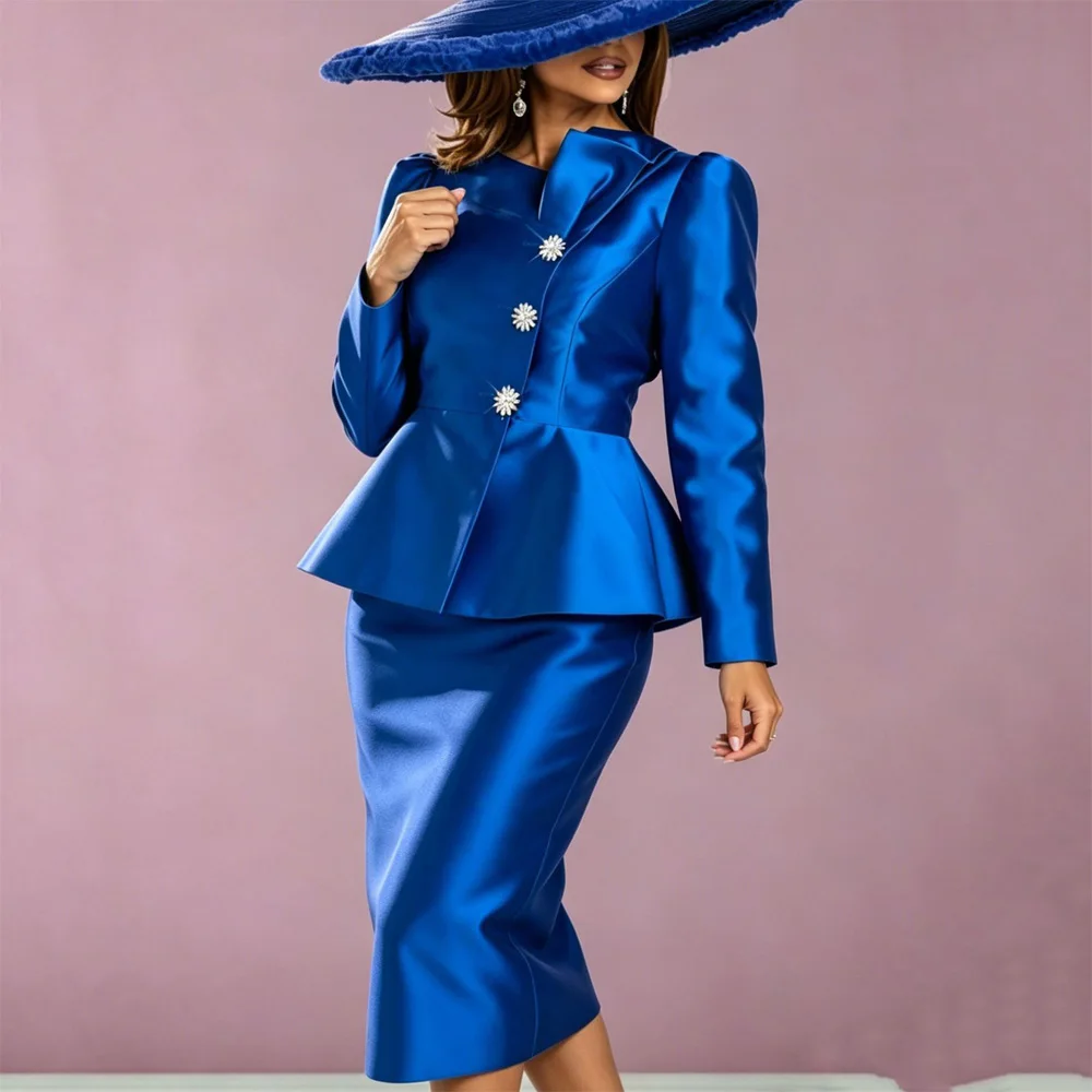 Elegant Women 2 Pieces Skirts Sets Clothes for African Ladies Blue Solid Blouse Single Breasted Full Sleeve Tops & Skirts Sets