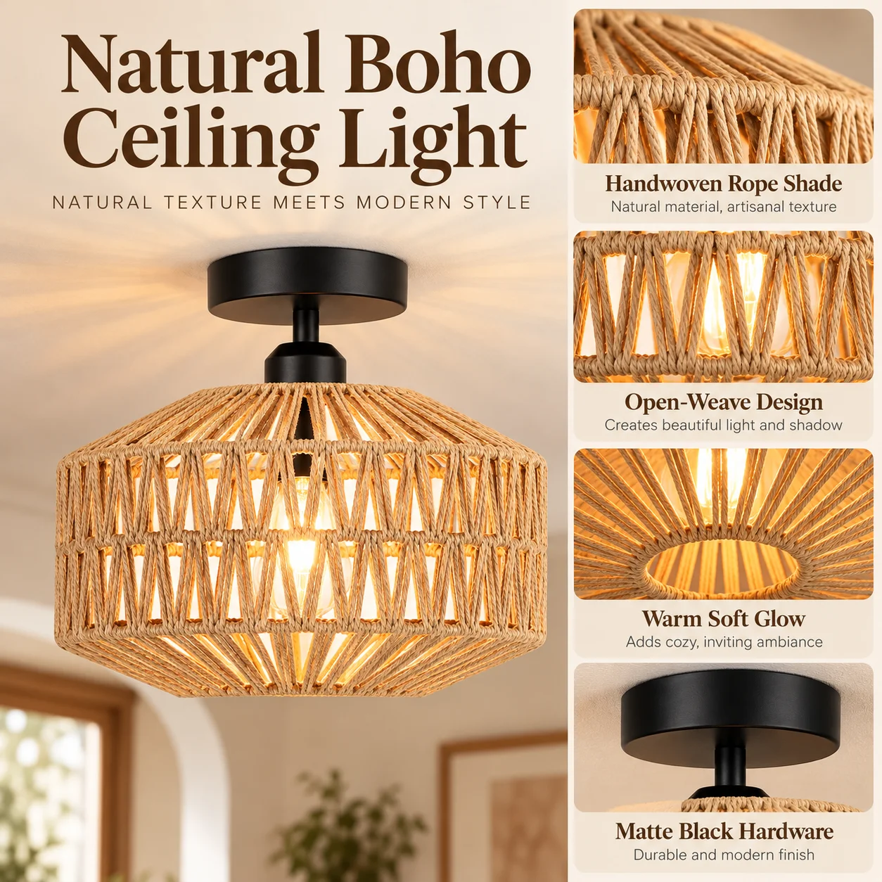 JOYINLED 30cm Natural Fiber Ceiling Fixture, Hand-Wrapped Rope Cage Light with Rustic Drum Shade for Bedroom Hallway Dining Room