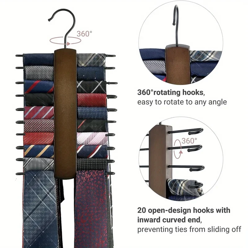 360° Rotating Wooden Tie Rack Tie Hanger Organizer with 20 Anti-Slip Notches for Closet Men's Necktie Scarf Storage 1Pc view 6