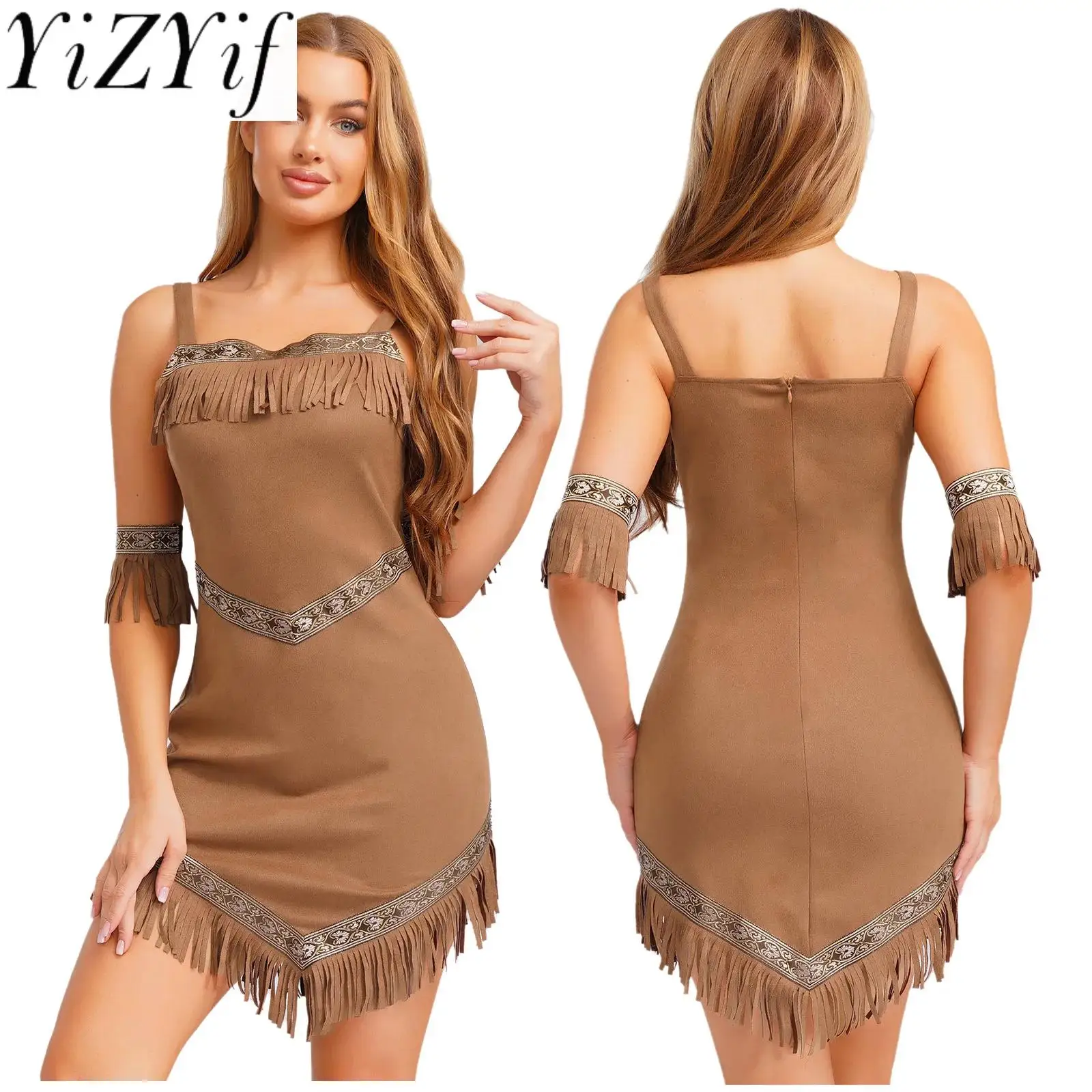 

Women Vintage Brown Folkloric Cowgirl Hippie Cosplay Dress with Armbands Retro Tassel Dress Aboriginal Halloween Party Costume