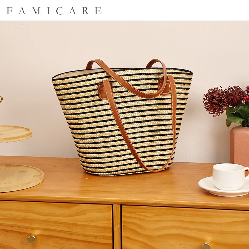 2026 New Collection Summer Lightweight Stripe Woven Tote Bag Minimalist Casual Large Shoulder Women Handbag Commuting Chic