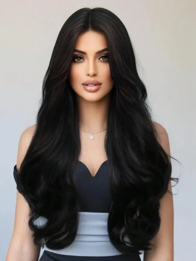 Everyday Black Long Curly Wig 26 Inch Fluffy Look Breathable Lightweight Middle Parted Bangs Synthetic Fiber Wig Women Daily