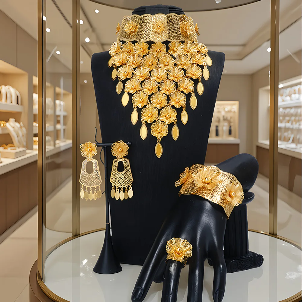 

Модное женское 24-каратное позолоченное ожерелье, серьги, кольца, браслеты, изысканный комплект ювелирных украшений для помолвки для влюбленных DD11033