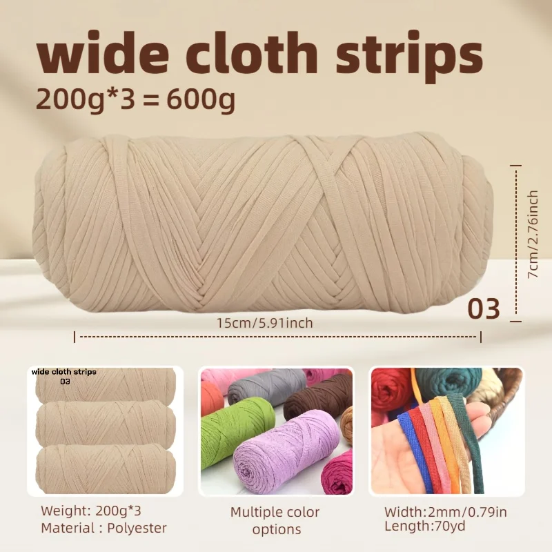 

3-Pack, 200*3, 1.32 LB, Wide Fabric Strips, Fabric Strip Yarn, Woven Cushions, Hand-Knitted, Multiple