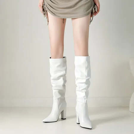 White Black Brown Women Knee Boots Pointed Toe Square High Heel Ladies Calf Boots PU Leather Slip on Pleated Women Boots 2024