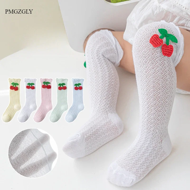 

Детские носки для девочек 0-36 месяцев, хлопковые летние сетчатые носки с большим бантом, длинные носки-принцессы для новорожденных девочек, с вишневым принтом