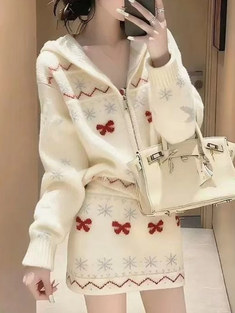 فرنسا نمط خمر منقوشة مقنعين مجموعات المرأة موضة سترة متماسكة + الحلو ألف خط تنورة دعوى عادية قطعتين مجموعة شتاء جديد #1