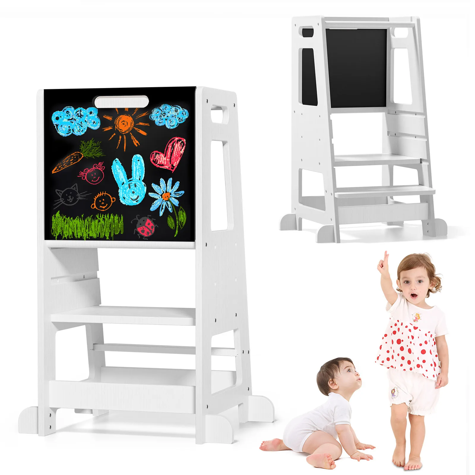 Tour d'observation Montessori pour tout-petits, avec étagères réglables, tour d'apprentissage avec tableau noir, en bois naturel, aide-cuisinier, chaise haute.