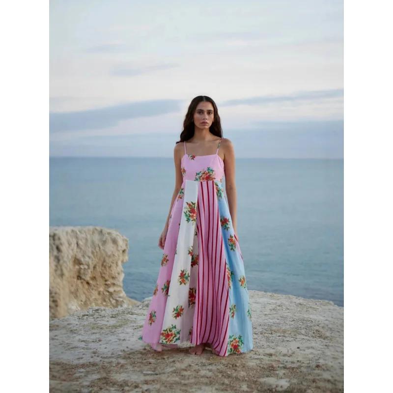 

2025 New Sexy Sling off-Neck Vacation Style Flower Linen Large Swing Women's Clothing Dress C001