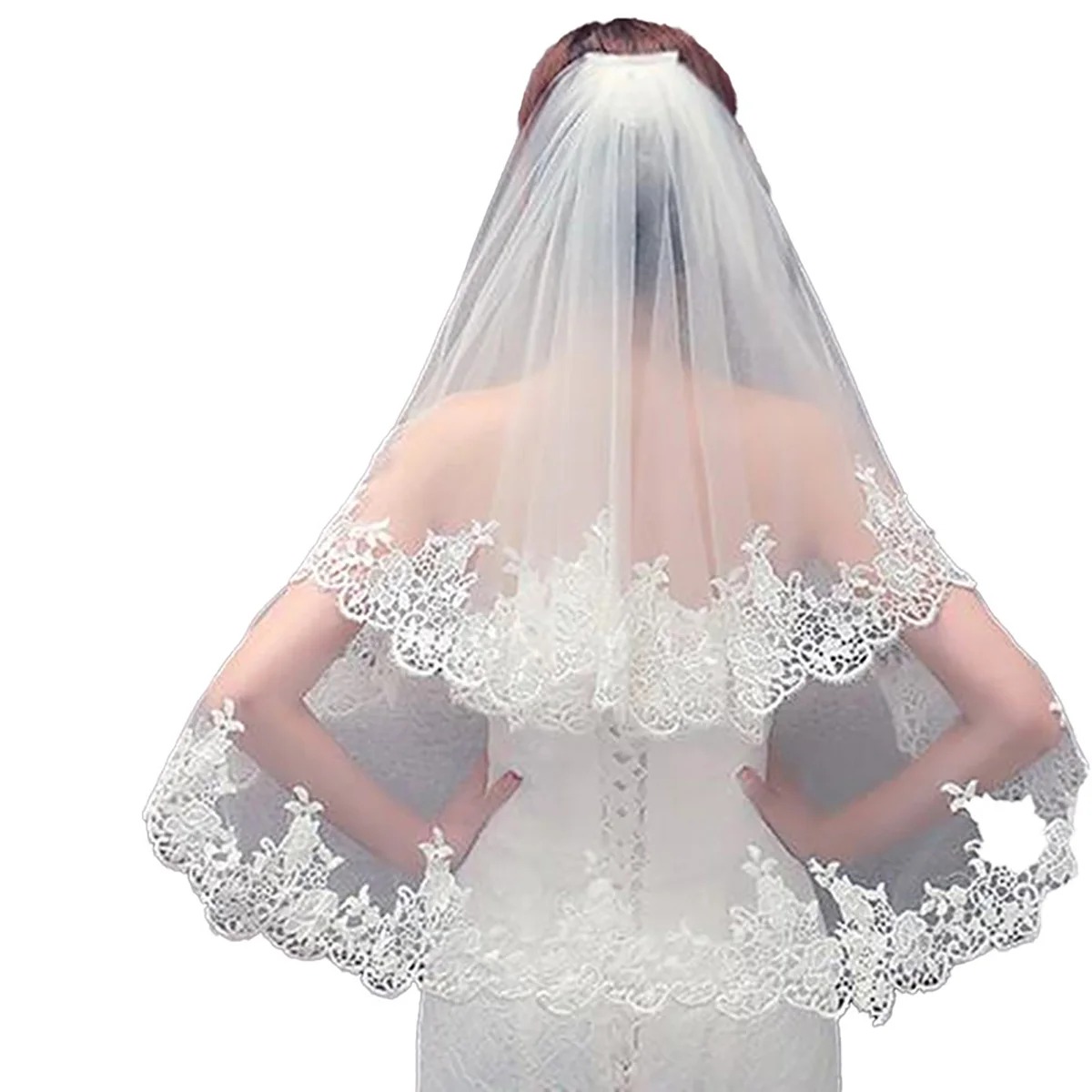 Bride Wedding Lace Veil Short Waist Veils 2 Tier Soft Tulle Veil Bridal Veils with Comb