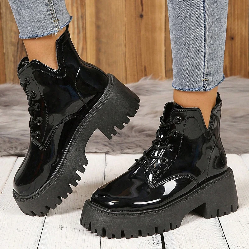 

Женские ботильоны на массивной платформе, модные нескользящие армейские ботинки на толстой подошве, женские черные лакированные кожаные ботинки в стиле панк Botas Mujer