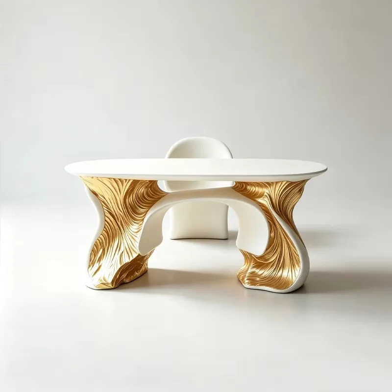 Oval Matte White Dining Table Gold Wave Fiberglass Frame Modern Long Table