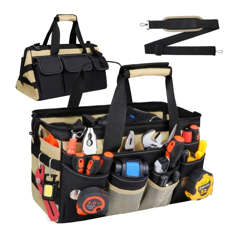 

Heavy Duty Oxford Tool Bag Wide Opening Organizer with Shoulder Strap Portable Electrician Storage