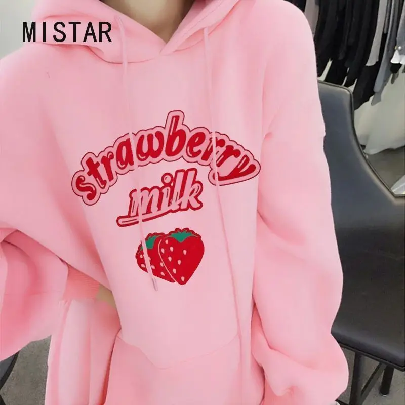 Kawaii Strawberry Milk Sweatshirt Hoodie Women Loose Streetwear Clothing Graphic Pullover Women Harajuku Pink Hoodie Cute Coat