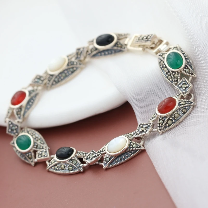 

Authentic 925 Sterling Silver Bracelet Retro Style Thai Silver Inlaid Natural Agate Shellfish Bracelet Women Fine Jewelry Gift