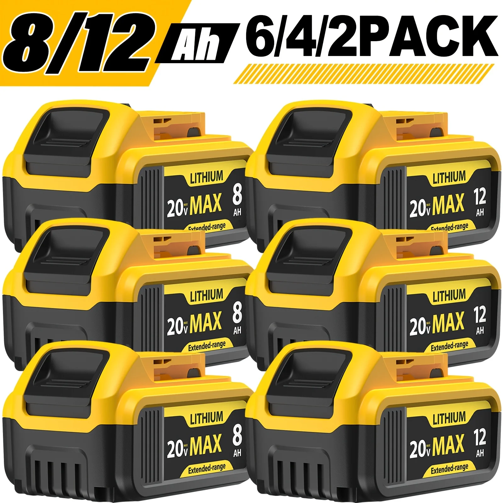 

2/4/6Pack 8/12.0Ah 20V Replace Battery Compatible for Dewalt 20V MAX Battery DCB200 DCB204 DCB206 DCB206-2 DCB201 DCB203 DCB181 DCB180 DCD/DCF/DCG 20 Volt XR Battery for Dewalt DCD DCF DCG Series Cordless Power Tools
