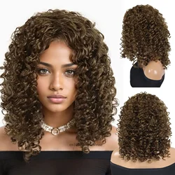 Średniej długości syntetyczne Afro głęboka fala kręcone brązowe peruki dla kobiet sprężyste codzienne Cosplay 16-calowa długa peruka włókno wysokotemperaturowe