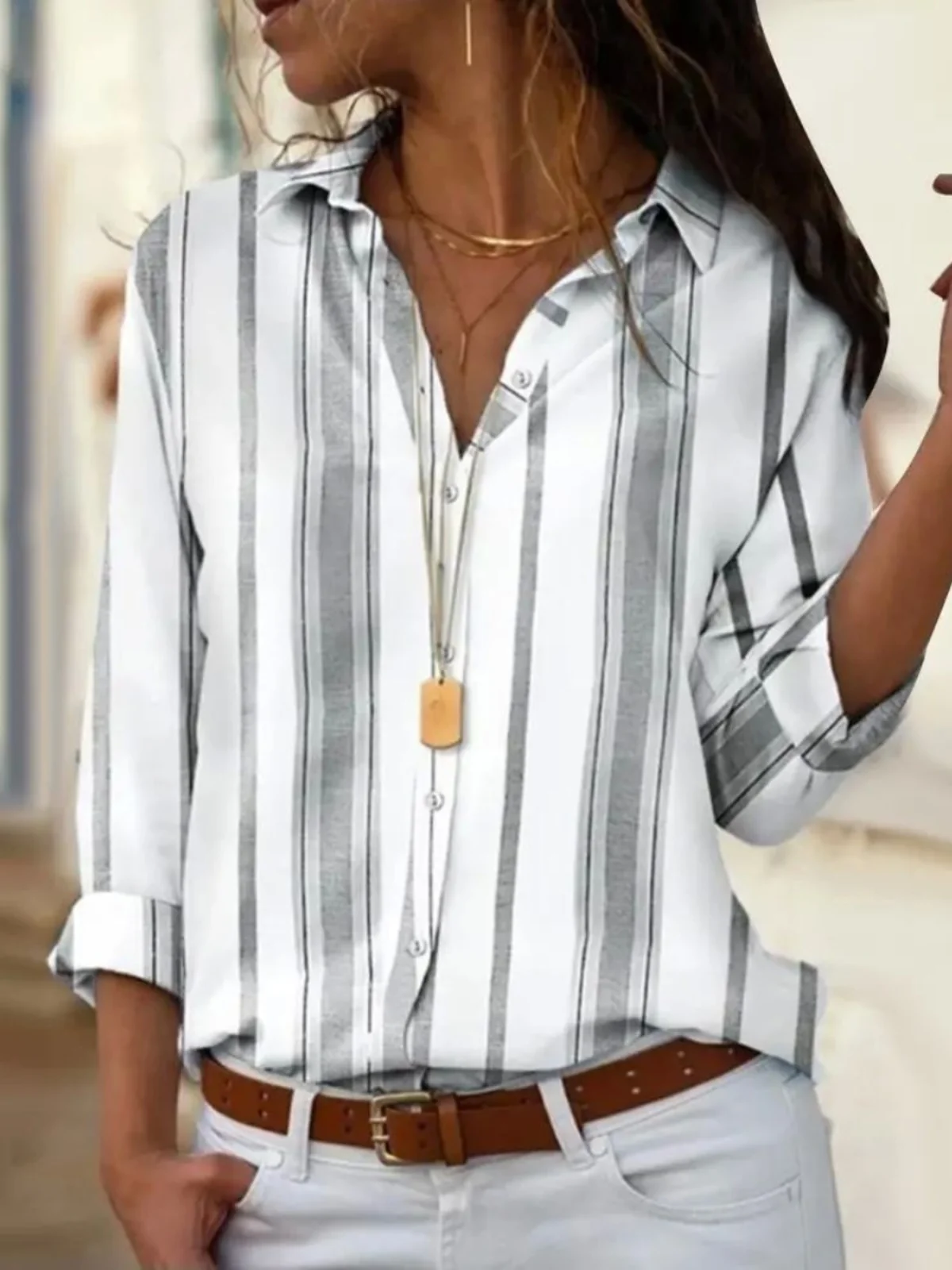 루즈핏 스트라이프 라펠 여성 셔츠 스트리트 스타일 긴팔 단색 버튼업 캐주얼 패션 가을 컬렉션