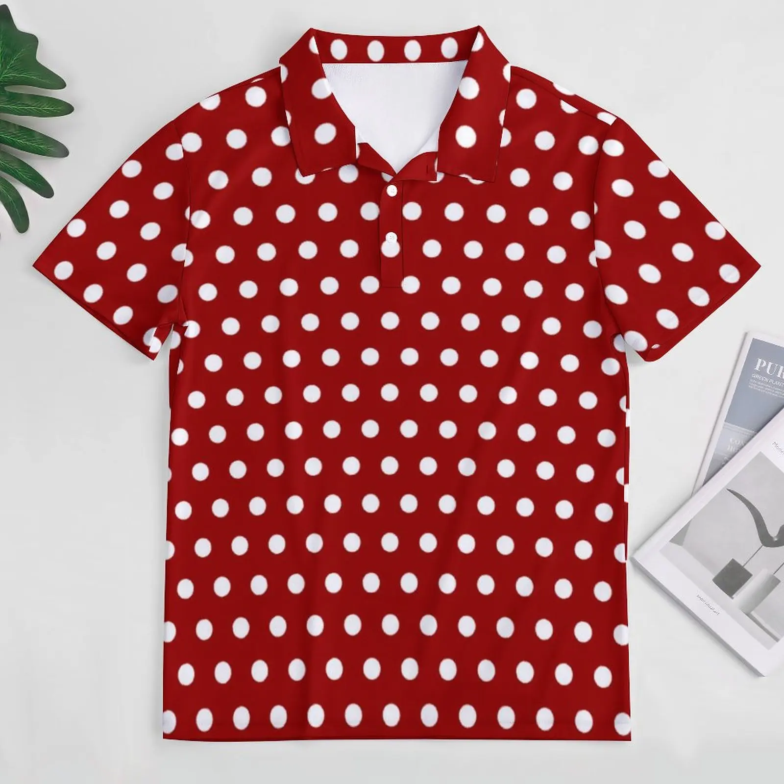 White Polka Dot Casual Polo Shirts Dark Red T-Shirts Short Sleeve Pattern Shirt Summer Y2K Oversized Clothing Gift