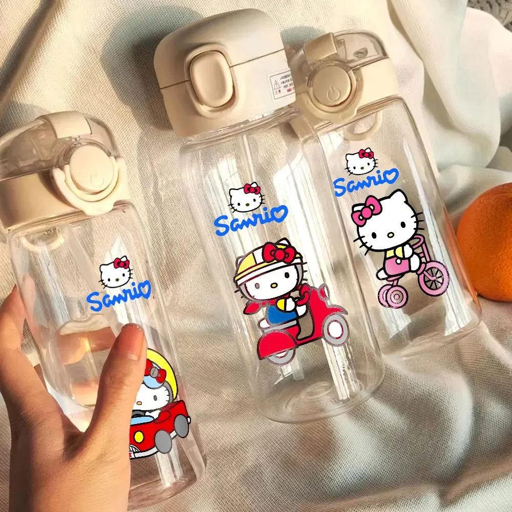 Sanrio Straw Cups Bottles 600ml 400ML HelloKitty Cute Scene Transparent Plastic Anti Drop Water Bottle for Children Students