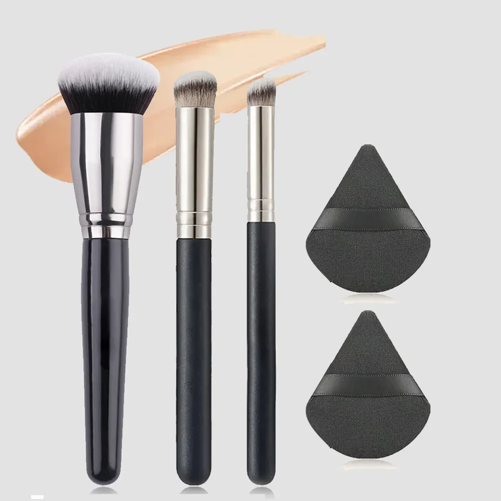 3Pcs Makeup Brushes + 2Pcs Triangle Powder Puff Set Concealer Eyeshadow Blending Cosmetic Beauty Tools for Daily Face Makeup